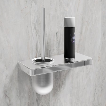 LEMARK | Ёршик для унитаза LEMARK GLASS LINE с держателем и полкой, хром/белое стекло LEMARK | Ёршик для унитаза LEMARK GLASS LINE с держателем и полкой, хром/белое стекло