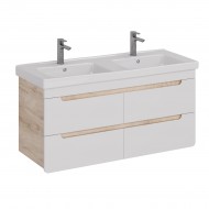 Тумба LEMARK OLIVIA 125 см под 2 раковины, подвесная,4 ящика, цвет корпуса: Дуб кантри, цвет фасада: Белый глянец